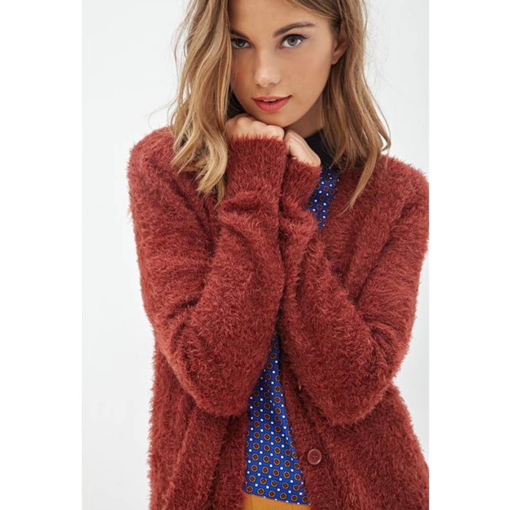 Forever 21 Maroon Red Fuzzy Furry Long Cardigan